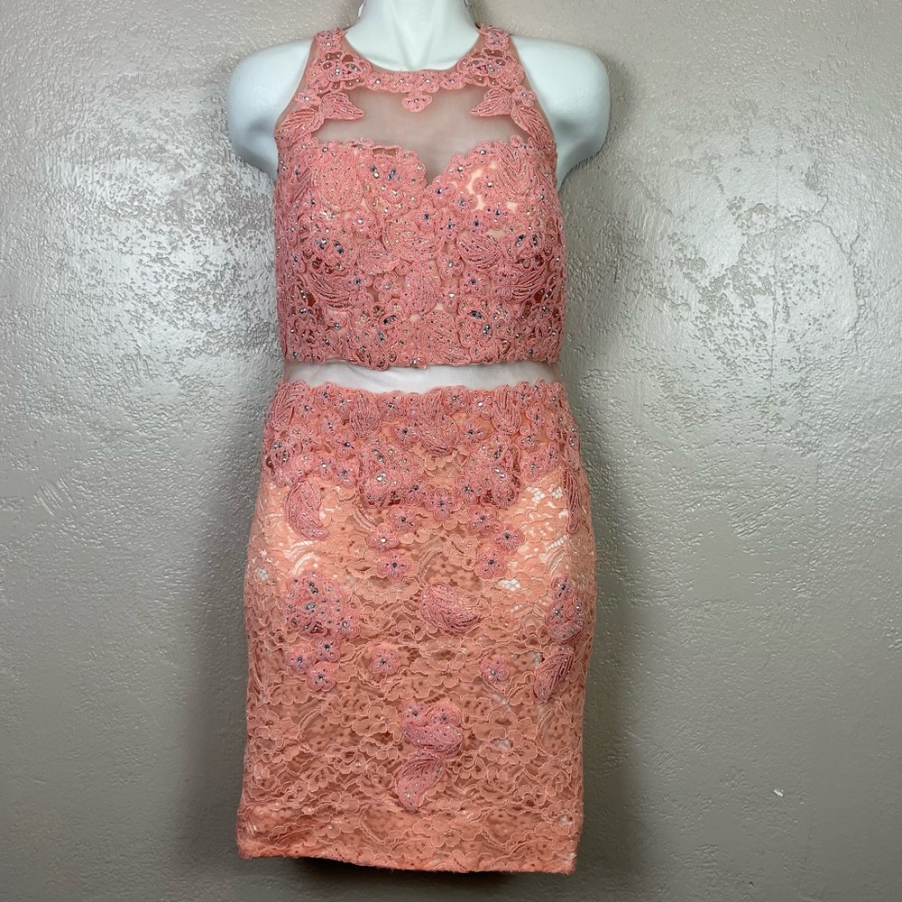 Anny Lee Divine Lace Beaded‎ Mesh See Through Dress peach Size Large Party